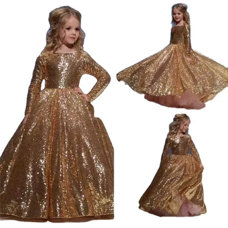 Super Gorgeous New Style Golden Sequin 2-13 Years Girl Birthday Party Show Gown Children Dresses