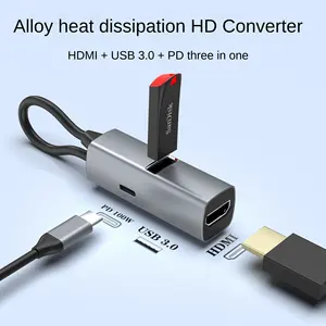 USB Hub อลูมิเนียมมินิแบบพกพาความเร็วสูงการถ่ายโอนข้อมูล 3 พอร์ต Docking Station Hub PD 100 W 4K HDTV