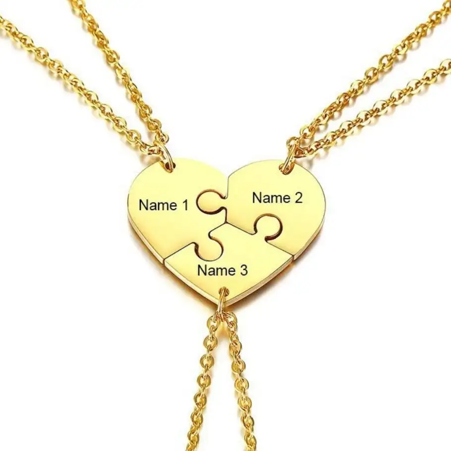 Friendship Jewelry Gift Puzzle Heart Family Name Love Pendant BFF Personalized Best Friends Necklace For Three Best Friends