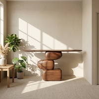 Table console haut de gamme en fibre de verre, finition grain de noyer, sculpture empilée en pierre artistique, table d'entrée, mobilier de décoration intérieure