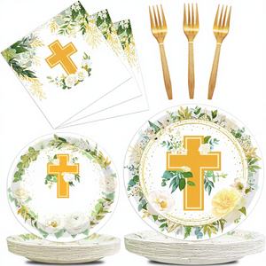 Vajilla <span class=keywords><strong>para</strong></span> Fiesta de <span class=keywords><strong>Bautizo</strong></span> y Primera Comunión, Juego de Vajilla con Hojas de Eucalipto y Salvia <span class=keywords><strong>para</strong></span> Celebración de <span class=keywords><strong>Bautizo</strong></span> - Product Image 1