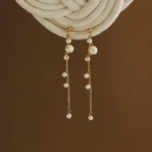 Fancy long chain Hand-made freshwater pearl tassel stud earrings factory OEM titanium steel 18K gold plated jewelry for girls