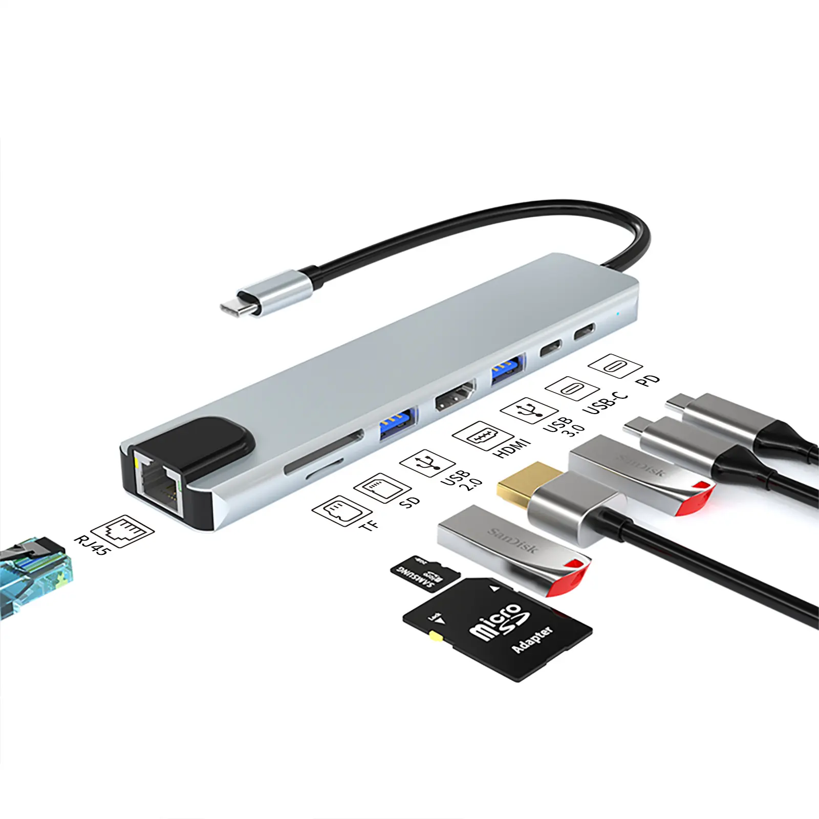 8 em 1 usb c hub adaptador usb c, hub pd usb usb3.0 usb2.0 sd tf HD-MI rj45 novo hub