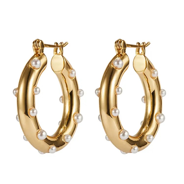 Women Fashion Jewelry Fashion Freshwater Gold Plated Round Hoop Pearl Earrings