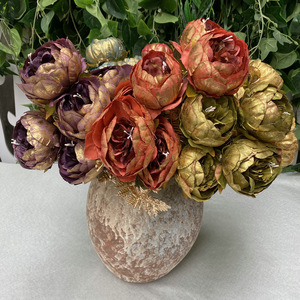 Fleur de pivoine artificielle Suzume II à 9 têtes en tissu doré multicolore pour décoration de mariage et de festival - Product Image 3
