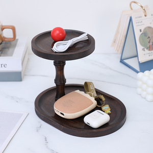 Solid Wood Double Layer <b>Storage</b> <b>Tray</b> Round Standing Type For Desktop Organizers Cosmetic And Small Item <b>Storage</b> - Product Image 2
