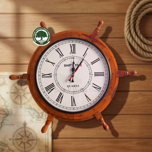 Wooden Ship Wheel Wall <b>Clock</b> with <b>Roman</b> Numerals Handmade Nautical Decor for Home Decoration - Product Image 3