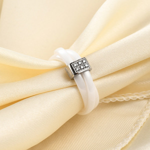 Black And White Ceramic Three <b>Ring</b> Cross Stainless Steel Diamond Set <b>Couple</b> <b>Rings</b> Women's Everyday Wear - Product Image 4
