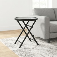 Table d'appoint ronde pliante, table de patio avec plateau en verre trempé, table à manger pour jardin, table ronde pliable en verre