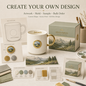 Taza de café de porcelana fina con emblema de los Dolomitas alpinas italianas, asa dorada, cuerpo acanalado, a prueba de fugas, apta para lavavajillas y microondas - Product Image 2