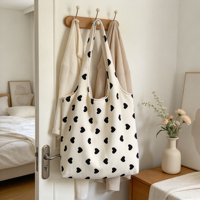 Sac fourre-tout en toile blanche avec imprimé cœur noir, sac à main décontracté à porter à l'épaule pour femmes, pour le shopping, les voyages et l'usage quotidien