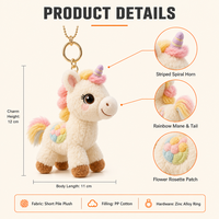 Porte-clés licorne en peluche douce et moelleuse avec fleur brodée et corne métallique pour ornement de sac à dos, cadeau souvenir