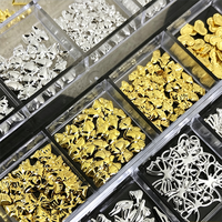 12 Grilles de Breloques pour Ongles en Alliage Or et Argent, Nœuds, Étoiles, Fleurs, Strass Métalliques Creux, Styles Mixtes, Bijoux de Manucure DIY