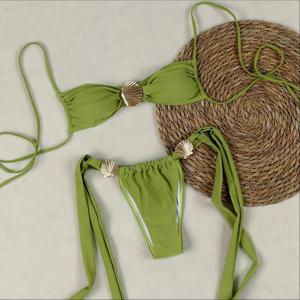Conjunto de Bikini de 2 Piezas para Mujer, Decoración Metálica Dorada, Halter con Lazos Laterales, Traje de Baño sin Espalda, para Vacaciones de Verano en la Playa, Venta al Por Mayor - Product Image 3