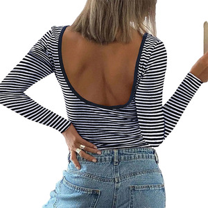 <span class=keywords><strong>Camiseta</strong></span> de Manga Larga <span class=keywords><strong>con</strong></span> Espalda Descubierta y Rayas en Contraste, Estilo Y2K, Elegante y Casual para <span class=keywords><strong>Mujer</strong></span>, Moda Europea y Americana - Product Image 5