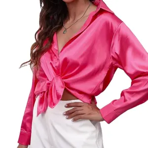Boutique Hot Sale Shinny Satin Button Down Shirts for Women Long Sleeve Blouses Silk Office Tops
