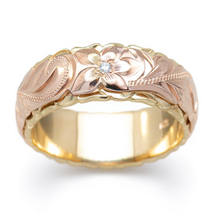 Anillo de Boda de Oro Sólido de 18K en Dos Tonos con Flor y Diamantes Redondos de Corte Brillante en Engaste de Bisel para Mujer, Anillo Clásico F595 - Product Image 1
