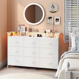 <span class=keywords><strong>Commode</strong></span> moderne <span class=keywords><strong>blanche</strong></span> pour chambre à coucher avec lumières LED 8 <span class=keywords><strong>tiroirs</strong></span> en tissu Grande tour de rangement Cadre en acier inoxydable Dessus en bois - Product Image 2