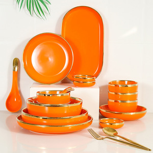 Modern Luxury Porcelain Tableware <b>Set</b> Orange Gold Rim Bowl Plate Soup Rice Creative Design Disposable 2-Piece Utensils Kit - Product Image 1