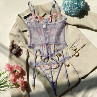 Ensemble de lingerie sexy érotique pour femmes, soutien-gorge en acier à armatures rétractables, dentelle transparente à l'avant, dos nu, ensemble de lingerie lavande