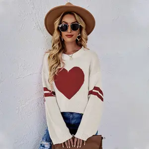 Fall Cute Love Heart Jacquard Stripes Ladies Casual Loose Crew Neck Knitted Pullover Sweater For Women Valentine's Day Knitwear