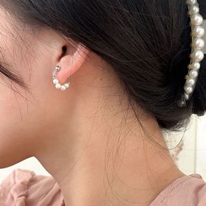 S925 Sterling Silver Hoop <b>Earrings</b> With Pearl <b>Studs</b> For Women Everyday Wear <b>Fine</b> Jewelry - Product Image 2