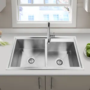 Chinese Heavy Gauge 304/201 Stainless Steel Right Angle Double Bowl Kitchen Sink