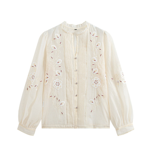 Camisa de Organza Bordada Vintage Personalizada 2026, Blusa Romántica Transparente con Delicadas Costuras Florales, Camisa Casual Vintage OEM/ODM - Product Image 1