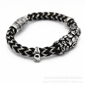 yunnique Fashionable Leather <b>Rope</b> <b>Bracelet</b> Black Cord Tibetan Silver Skull Charm Men's Jewelry - Product Image 5