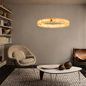 Modern Circular Natural Alabaster Ring Pendant <b>Light</b> Wabi Sabi Hanging Lamp For <b>Dining</b> Room Living Room Villa Interior - Product Image 5