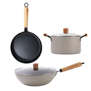 2023 Kitchen Cookware 3 Pieces Household Cookware Set Wok Soup Pot with Wooden Handle Glass Lid