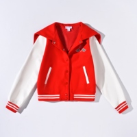 Blouson universitaire color block pour femme, corps en laine, manches en cuir PU, logo appliqué, boutons-pression, pour commandes en gros UE/USA