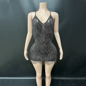 Nuevo Vestido Casual de <span class=keywords><strong>Moda</strong></span> con Cristales para Mujer, Vestido Halter sin Mangas con Borlas de Diamantes de Imitación, Mini Vestido Sexy para Club Nocturno de Verano - Product Image 3