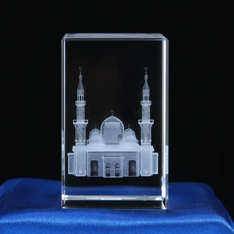 การออกแบบใหม่3Dเลเซอร์แกะสลักอิสลามของขวัญแก้วคริสตัลของขวัญ
