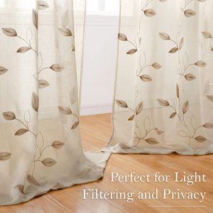 Haute qualité <span class=keywords><strong>Taupe</strong></span> Sheer Rideaux 52X84 <span class=keywords><strong>Beige</strong></span> Brodé Feuille Poche Faux Lin Floral Semi Sheer Voile Fenêtre Rideaux - Product Image 3