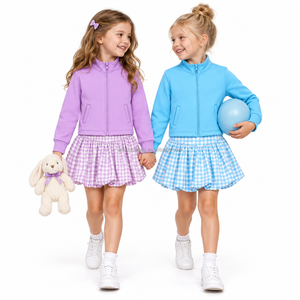 Wholesale Kids Yoga <b>Clothing</b> <b>Set</b> Zip Up Long Sleeve Top and Matching Checked Skirt for <b>Girls</b> - Product Image 4