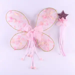 Atacado 2Piece-Set Pink Color Lace Butterfly Wing Angel Elf Wings Set Para Crianças Meninas Fairy Wings