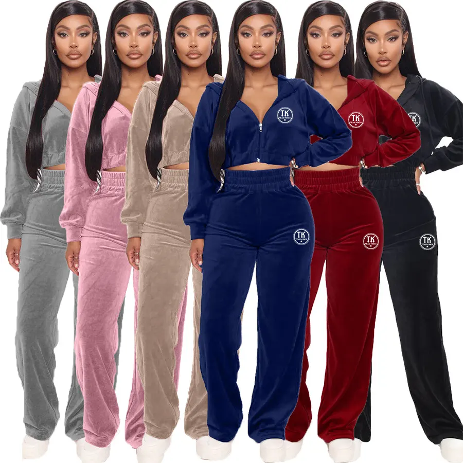 Tute invernali felpe con cappuccio tinta unita cerniera Crop Top vita alta pantaloni a gamba larga donna 2 pezzi Jogging Set