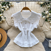 Chemisier d'été sans manches pour femme, col Peter Pan, volants, smocké, boutonnage frontal, style peplum élégant