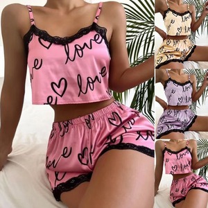 Pyjama d'été pour femme, imprimé mignon, avec dentelle, ensemble nuisette tendance, vente en gros - Product Image 2