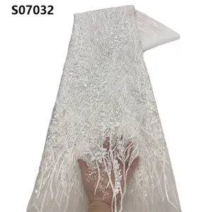 CHOCOO barang baru renda urutan putih Afrika Terbaru kain renda jaring bordir Prancis dengan payet untuk gaun pernikahan