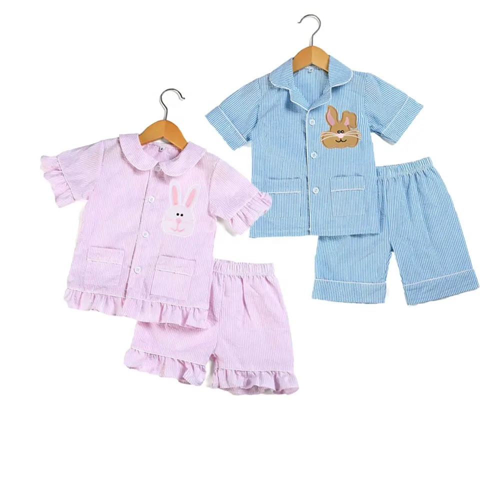 2020 stock RTS cotton seersucker girls boys toddler kids baby infant bunny outfit set sleepwear children summer Easter Pajamas