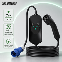 Chargeur EV portable intelligent Type 2 7kW 32A réglable, mode CE 2 IEC 61851, prise CEE, écran LED, minuterie, 5m, station murale domestique UE