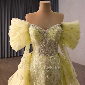 ชุดราตรีสีเหลืองรุ่น Rsm251140 แบบ Sweetheart ไร้สายรัดไหล่ ทรงเข้ารูป ผูกเชือกด้านหลัง กระโปรงแบบถอดได้ ประดับด้วยลูกปัด ผ้าจับจีบ ประดับคริสตัล - Product Image 6