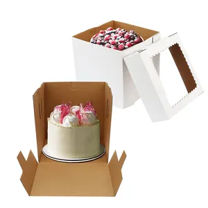 डिस्पोजेबल सफेद कागज नालीदार कार्डबोर्ड 10 इंच लंबा केक बॉक्स विंडो लंबा केक कैरियर सफेद बेकरी बॉक्स के साथ