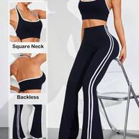 Ensemble de sport sans couture pour femme, couleur contrastante, soutien-gorge de fitness dos nu et pantalon évasé, leggings push-up respirants, tenue de yoga unie