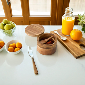 Acacia Wood Salt Cellar Salt <strong>Spice</strong> Box with Swivel Cover and Spoon Perfect for Herbs &amp; Seasonings - Product Image 6
