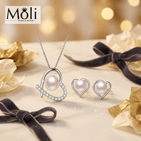 Popular Heart Pendant and Earrings 100% Natural Freshwater Pearl Set Jewelry