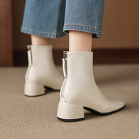 Sepatu Bot Kulit Sapi Asli Model Square Toe dengan Ritsleting di Pergelangan Kaki, Hak Tebal 5cm, Gaya Musim Dingin dan Gugur