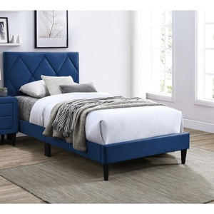 Modern Twin Size <b>Bed</b> Adjustable Headboard 1pc Box Spring Frame Eco-Friendly Durable <b>Pine</b> Wood Navy Blue Velvet Upholstered Youth - Product Image 1